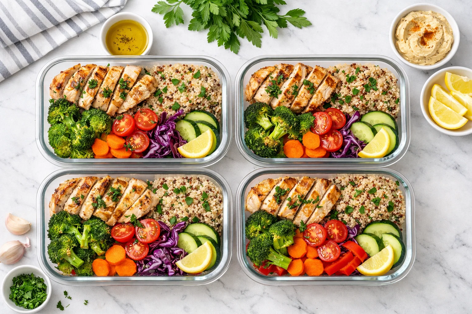 Healthy balanced meal prep containers with colorful vegetables, grilled chicken, quinoa and fresh herbs, clean bright kitchen background, overhead flat lay photography